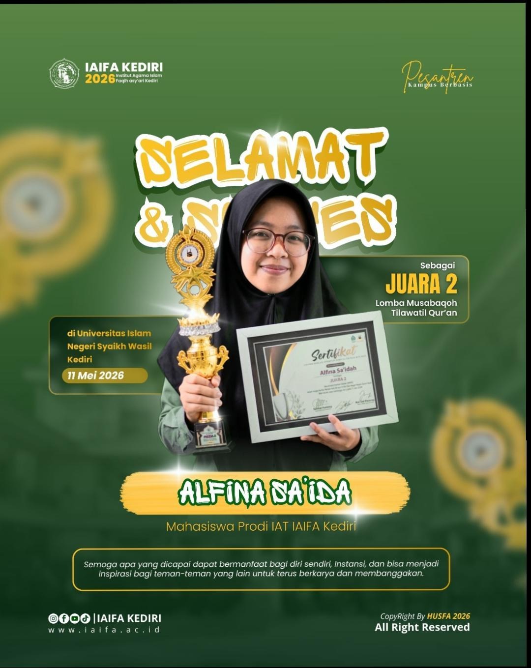 Mahasiswa IAT IAIFA Kediri Raih Juara 2 MHQ di Ajang Nasional UIN Syekh Wasil